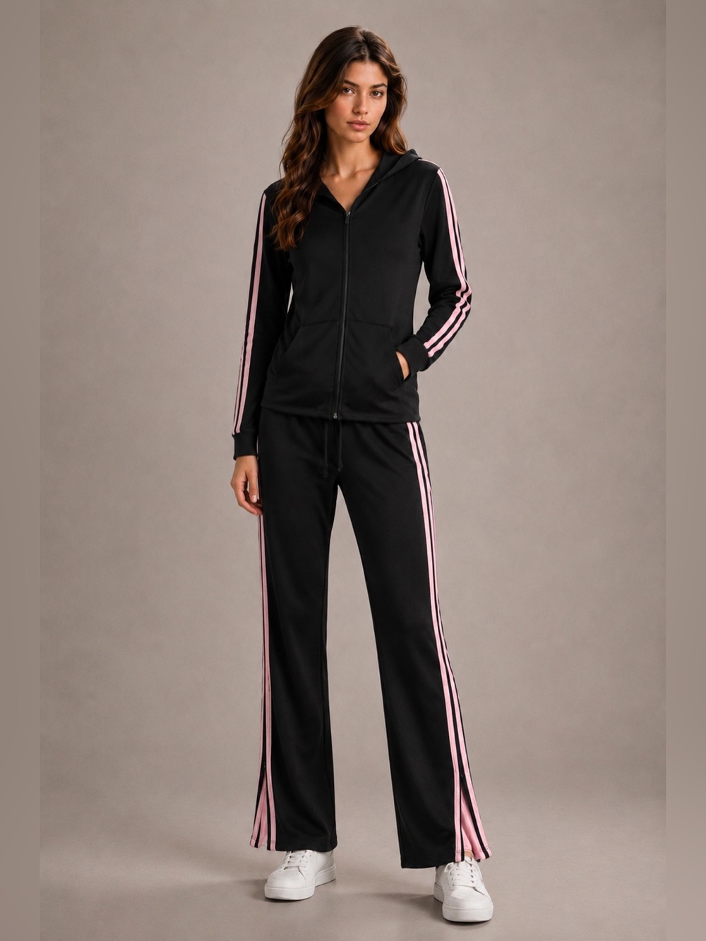 ENT Luxury Women’s 2 Pc Tracksuit‎ Set Black Pink Stripe Hoodie Jacket M Pants L